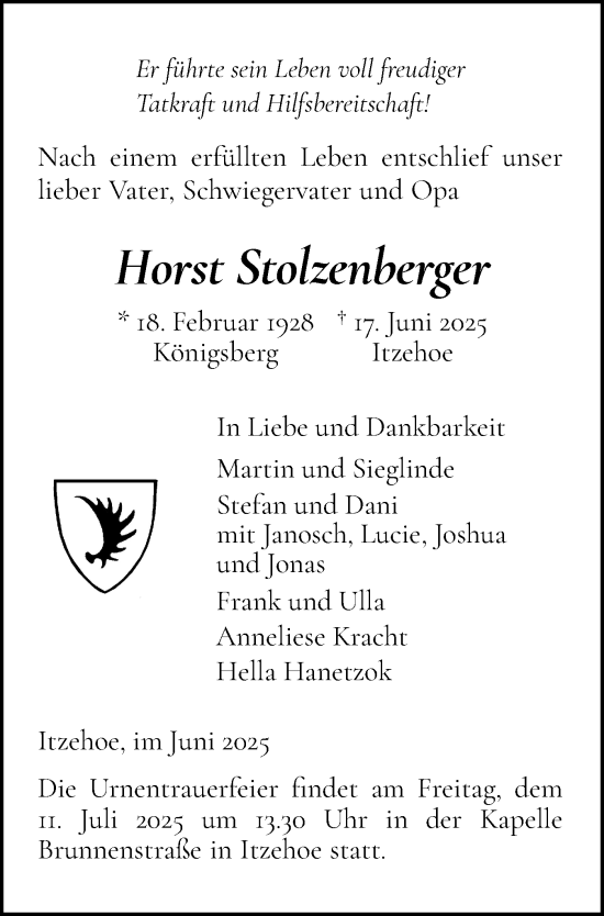 Traueranzeige von Horst Stolzenberger von Norddeutsche Rundschau, Wilstersche Zeitung, Glückstädter Fortuna
