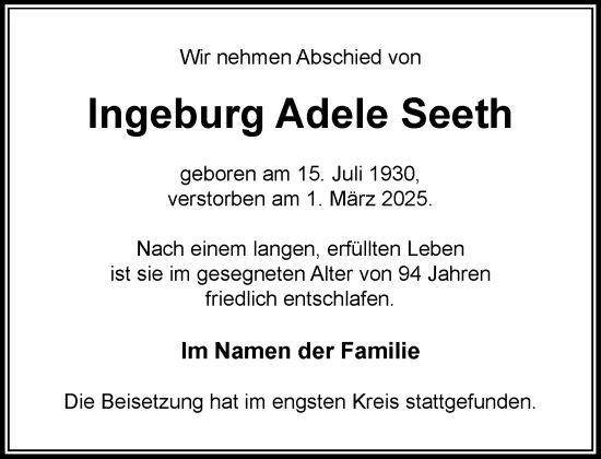 Traueranzeige von Ingeburg Adele Seeth von MARKT Ahrensburg/Bargteheide/Trittau und Stormarner Tageblatt