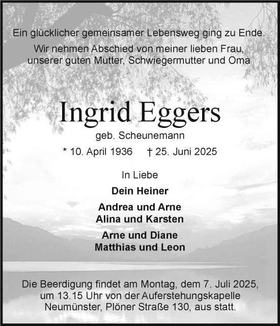 Traueranzeige von Ingrid Eggers von Holsteinischer Courier