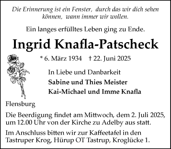 Traueranzeige von Ingrid Knafla-Patscheck von Flensburger Tageblatt