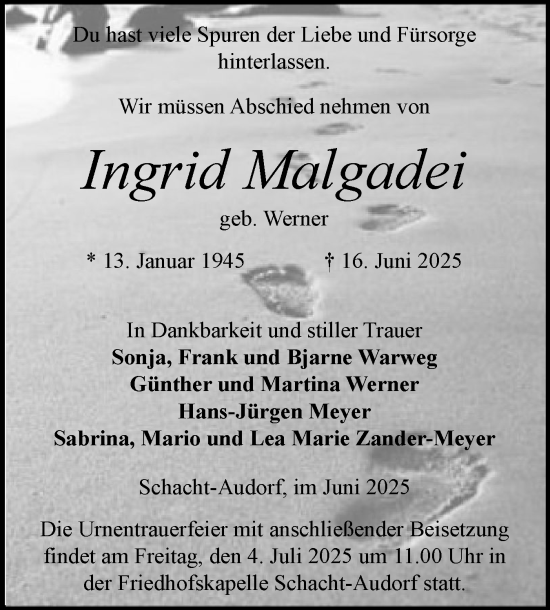 Traueranzeige von Ingrid Malgadei von Schleswig-Holsteinische Landeszeitung