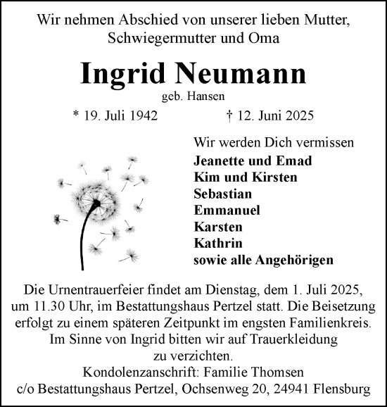 Traueranzeige von Ingrid Neumann von Flensburger Tageblatt