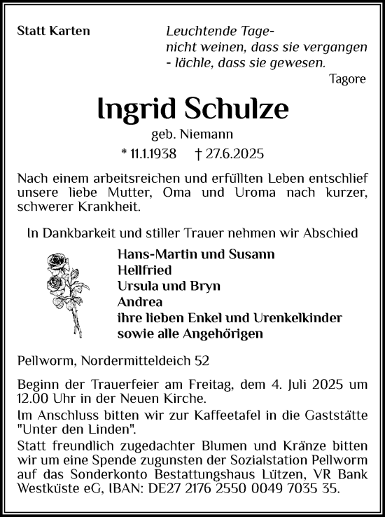 Traueranzeige von Ingrid Schulze von Husumer Nachrichten, Nordfriesland Tageblatt