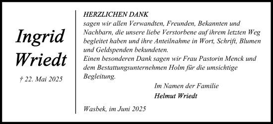 Traueranzeige von Ingrid Wriedt von Holsteinischer Courier