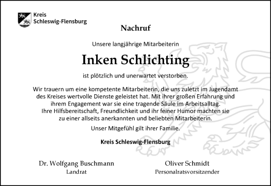 Traueranzeige von Inken Schlichting von Schleswiger Nachrichten, Schlei-Bote