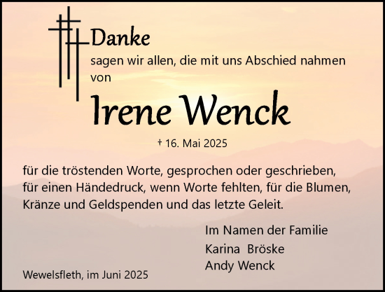 Traueranzeige von Irene Wenck von Norddeutsche Rundschau, Wilstersche Zeitung, Glückstädter Fortuna
