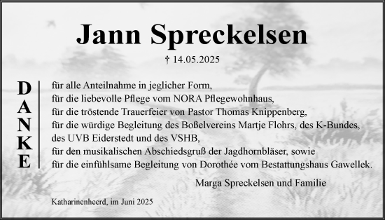 Traueranzeige von Jann Spreckelsen von Husumer Nachrichten, Nordfriesland Tageblatt