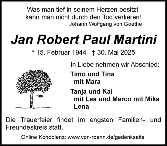 Traueranzeige von Jan Robert Paul Martini von Schleswiger Nachrichten, Schlei-Bote
