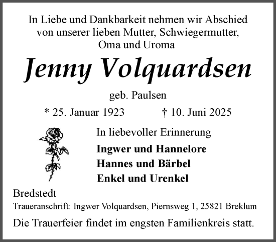 Traueranzeige von Jenny Volquardsen von Husumer Nachrichten, Nordfriesland Tageblatt