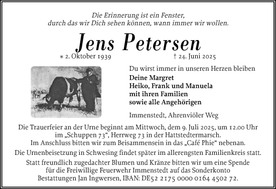 Traueranzeige von Jens Petersen von Husumer Nachrichten, Nordfriesland Tageblatt
