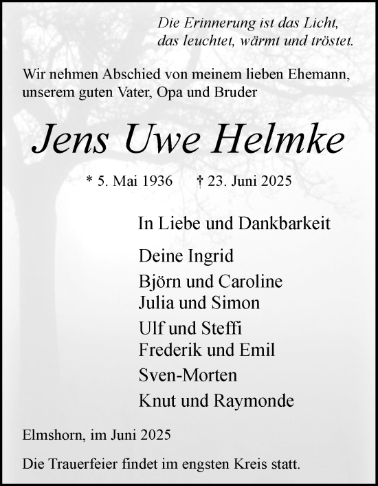 Traueranzeige von Jens Uwe Helmke von Elmshorner Nachrichten, Barmstedter Zeitung