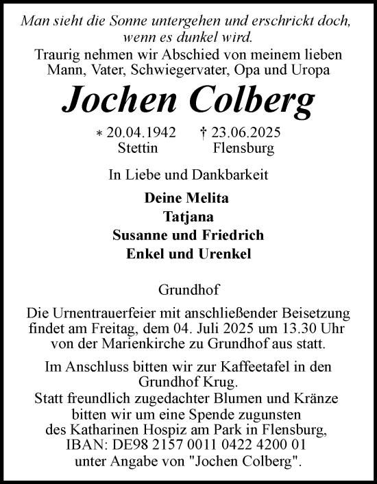 Traueranzeige von Jochen Colberg von Flensburger Tageblatt