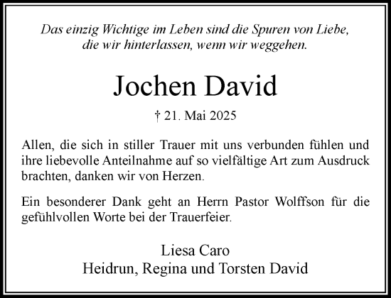 Traueranzeige von Jochen David von MARKT Bad Oldesloe/Reinfeld und Stormarner Tageblatt
