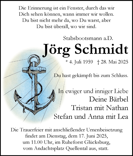 Traueranzeige von Jörg Schmidt von Flensburger Tageblatt
