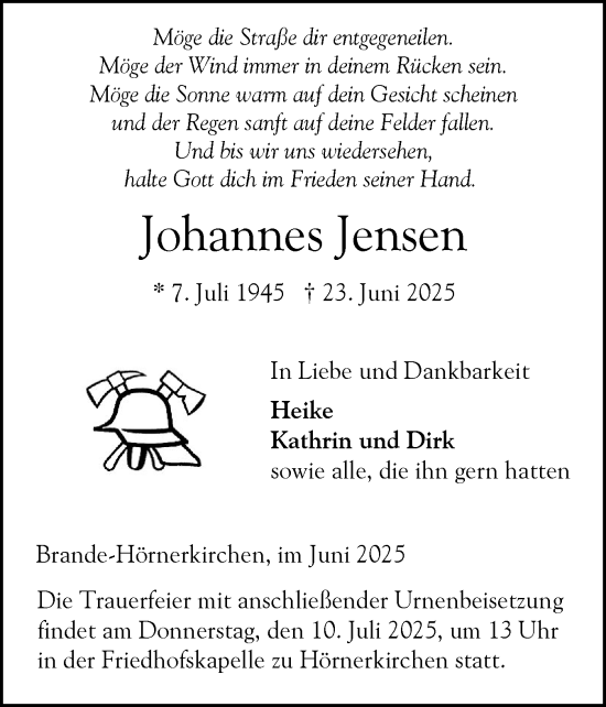 Traueranzeige von Johannes Jensen von Elmshorner Nachrichten, Barmstedter Zeitung