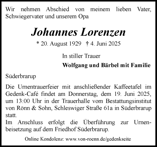 Traueranzeige von Johannes Lorenzen von Schleswiger Nachrichten, Schlei-Bote