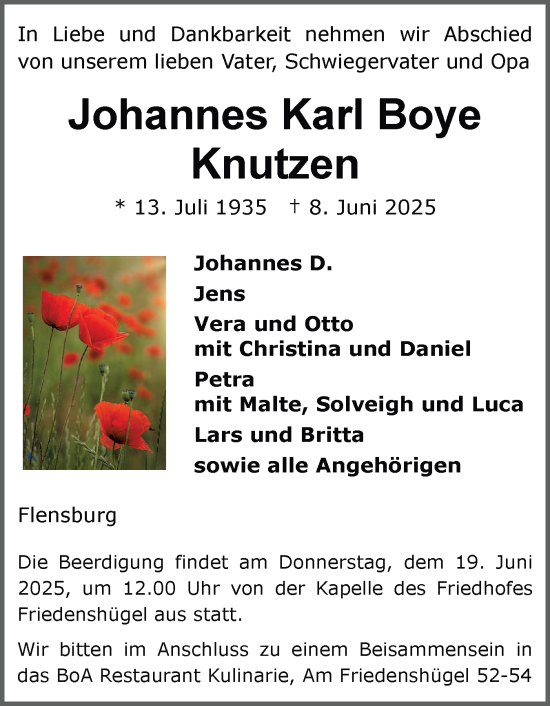 Traueranzeige von Johannes Karl Knutzen von Flensburger Tageblatt