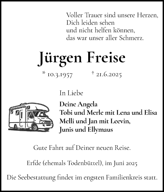 Traueranzeige von Jürgen Freise von Schleswig-Holsteinische Landeszeitung