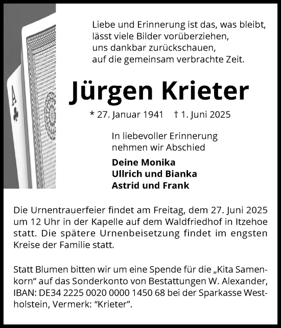 Traueranzeige von Jürgen Krieter von Norddeutsche Rundschau, Wilstersche Zeitung, Glückstädter Fortuna