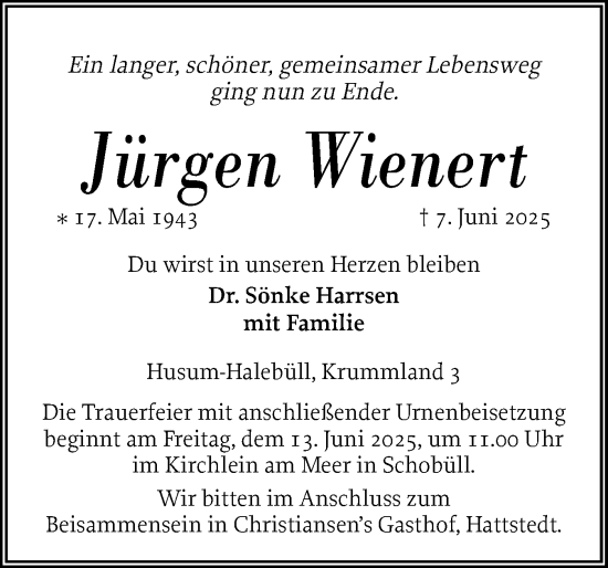 Traueranzeige von Jürgen Wienert von Husumer Nachrichten, Nordfriesland Tageblatt