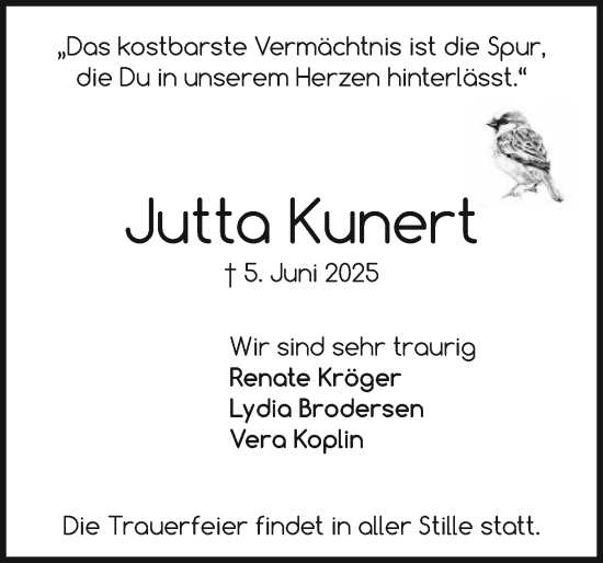 Traueranzeige von Jutta Kunert von Husumer Nachrichten, Nordfriesland Tageblatt