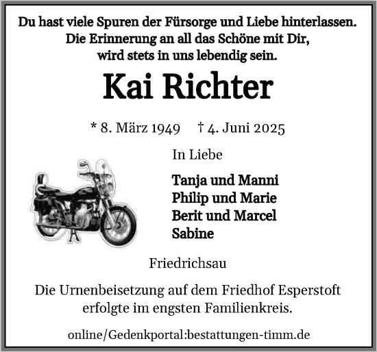 Traueranzeige von Kai Richter von Region Flensburg