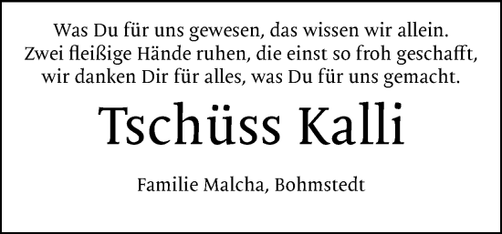 Traueranzeige von Kalli  von Husumer Nachrichten, Nordfriesland Tageblatt