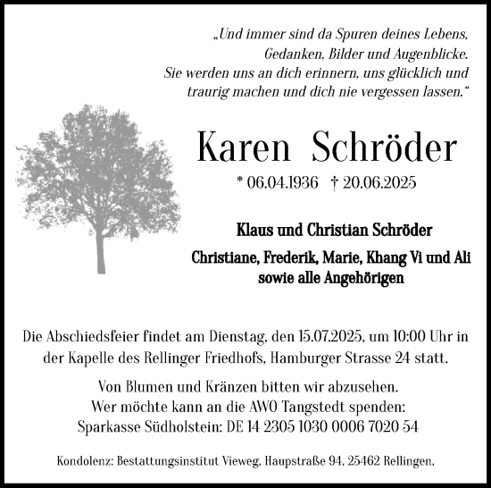 Traueranzeige von Karen Schröder von Region Pinneberg und tip Pinneberg