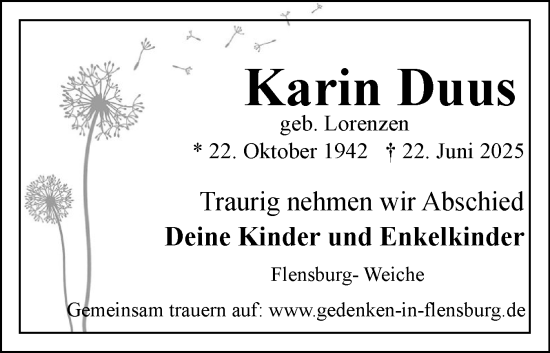 Traueranzeige von Karin Duus von Flensburger Tageblatt