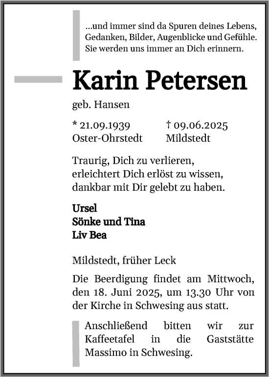 Traueranzeige von Karin Petersen von Husumer Nachrichten, Nordfriesland Tageblatt