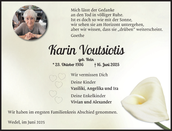 Traueranzeige von Karin Voutsiotis von Wedel-Schulauer Tageblatt, tip Wedel-Schulauer Tageblatt, tip Rissener Rundschau