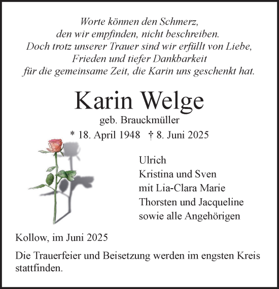 Traueranzeige von Karin Welge von Wochenend Anzeiger