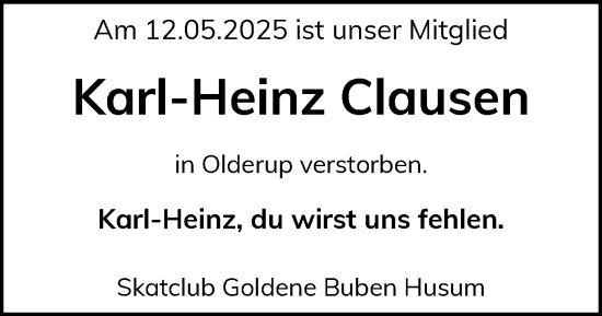 Traueranzeige von Karl-Heinz Clausen von Husumer Nachrichten, Nordfriesland Tageblatt