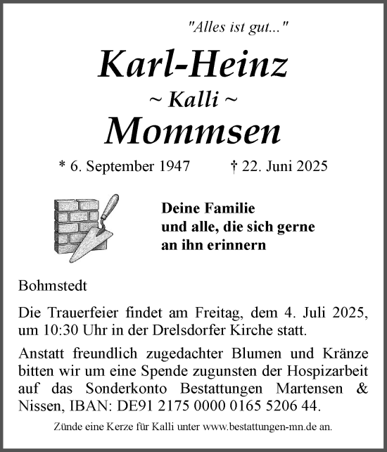 Traueranzeige von Karl-Heinz Mommsen von Husumer Nachrichten, Nordfriesland Tageblatt