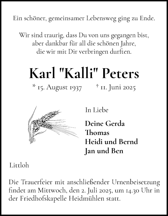 Traueranzeige von Karl Peters von Holsteinischer Courier