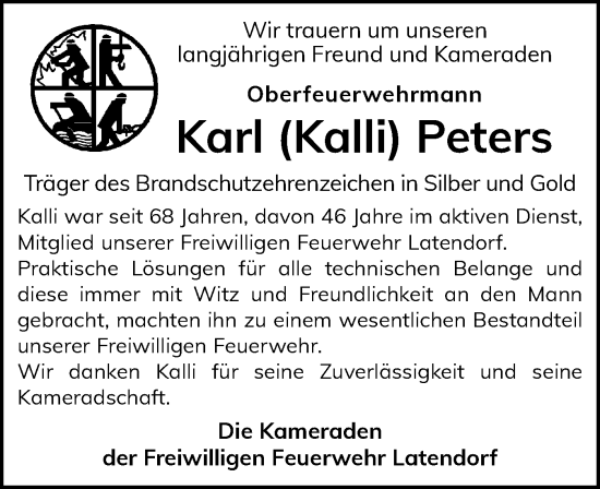 Traueranzeige von Karl Peters von Holsteinischer Courier