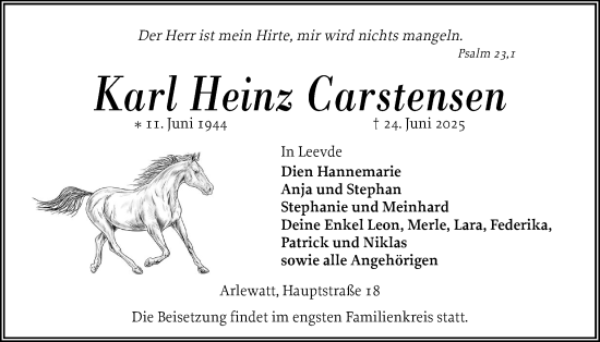 Traueranzeige von Karl Heinz Carstensen von Husumer Nachrichten, Nordfriesland Tageblatt