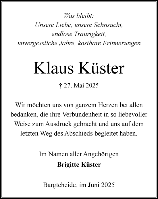 Traueranzeige von Klaus Küster von MARKT Ahrensburg/Bargteheide/Trittau und Stormarner Tageblatt