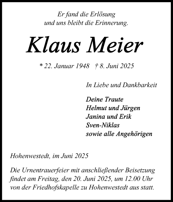 Traueranzeige von Klaus Meier von Schleswig-Holsteinische Landeszeitung