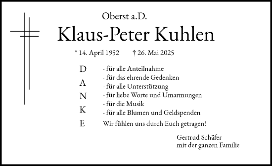 Traueranzeige von Klaus-Peter Kuhlen von Schleswig-Holsteinische Landeszeitung