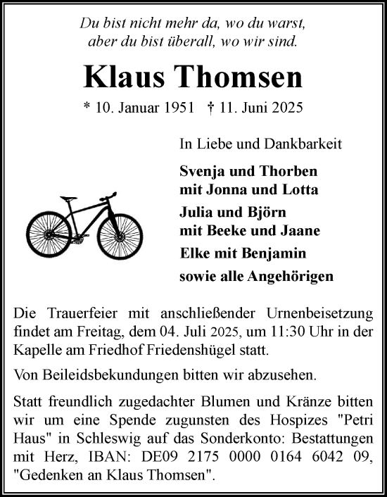Traueranzeige von Klaus Thomsen von Flensburger Tageblatt