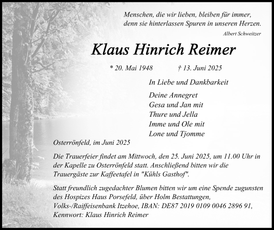 Traueranzeige von Klaus Hinrich Reimer von Schleswig-Holsteinische Landeszeitung