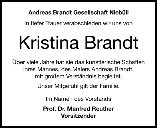 Traueranzeige von Kristina Brandt von Husumer Nachrichten, Nordfriesland Tageblatt