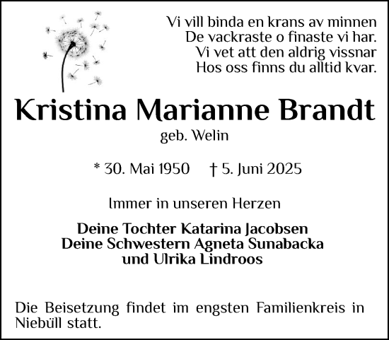 Traueranzeige von Kristina Marianne Brandt von Husumer Nachrichten, Nordfriesland Tageblatt