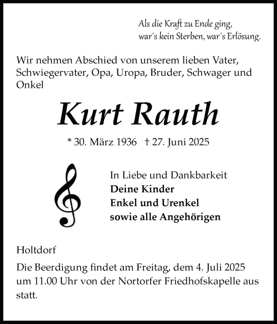 Traueranzeige von Kurt Rauth von Schleswig-Holsteinische Landeszeitung