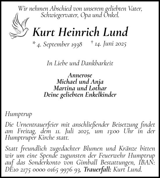 Traueranzeige von Kurt Heinrich Lund von Husumer Nachrichten, Nordfriesland Tageblatt