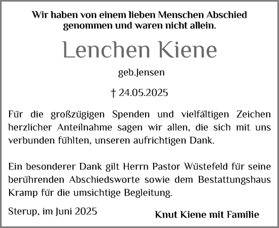 Traueranzeige von Lenchen Kiene von Flensburger Tageblatt