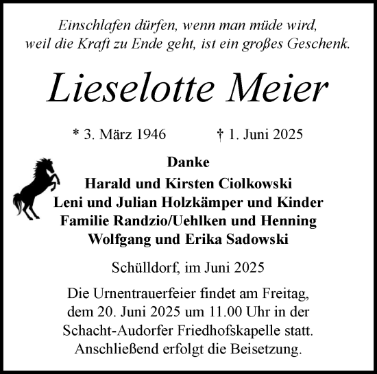 Traueranzeige von Lieselotte Meier von Schleswig-Holsteinische Landeszeitung