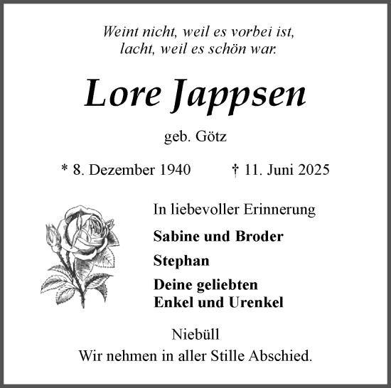 Traueranzeige von Lore Jappsen von Husumer Nachrichten, Nordfriesland Tageblatt