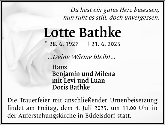 Traueranzeige von Lotte Bathke von Schleswig-Holsteinische Landeszeitung